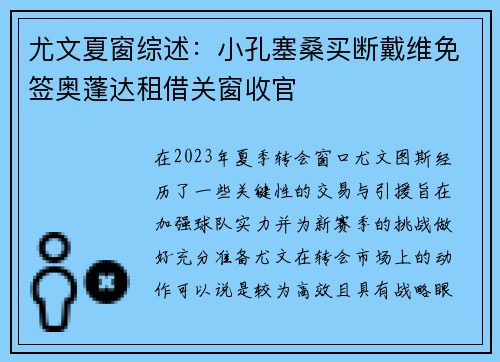 尤文夏窗综述：小孔塞桑买断戴维免签奥蓬达租借关窗收官
